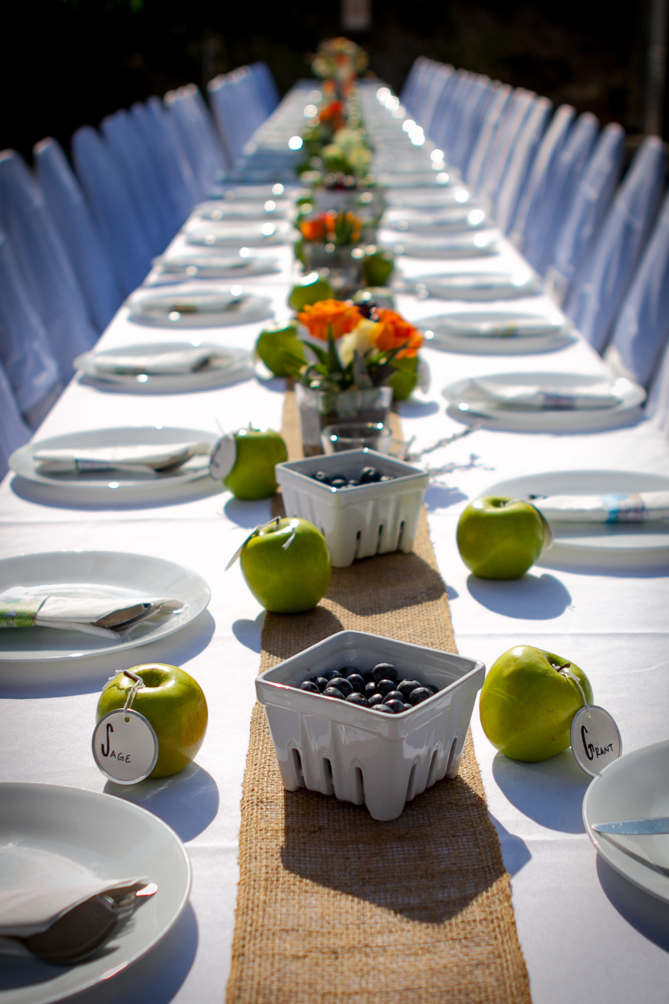 Elegant Outdoor Dining Table Set With Green Apples as Place Holders, Blueberries, and Orange Floral Arrangements on a Burlap Runner.