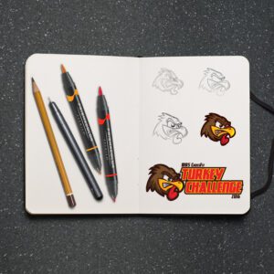 TurkeyChallenge2016 Sketchbook displaying the design refinement process for the Turkey Challenge logo. The sketches progress from rough outlines to a full-color logo at the bottom, featuring browns, oranges, and yellows.